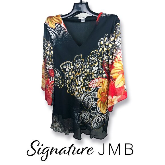 Signature JBM Exotic floral print extra long breezy blouse V neck sparkles 2X - Picture 1 of 6